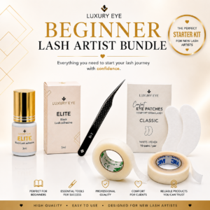 Luxury Eye Beginner Lash Artist Bundle with Elite lash adhesive, D-7 lash tweezer, Comfort eye patches, Transpore tape, Micropore tape and free lip balm