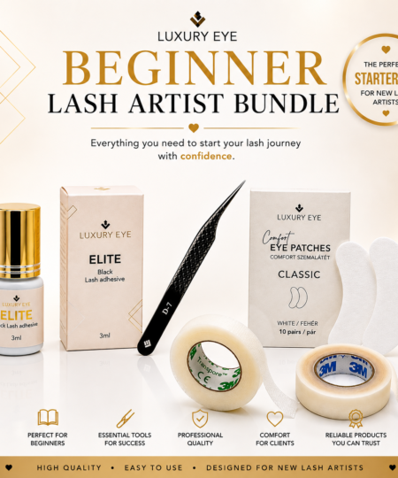 Luxury Eye Beginner Lash Artist Bundle with Elite lash adhesive, D-7 lash tweezer, Comfort eye patches, Transpore tape, Micropore tape and free lip balm