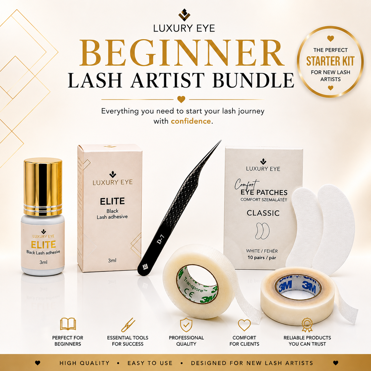 Luxury Eye Beginner Lash Artist Bundle with Elite lash adhesive, D-7 lash tweezer, Comfort eye patches, Transpore tape, Micropore tape and free lip balm