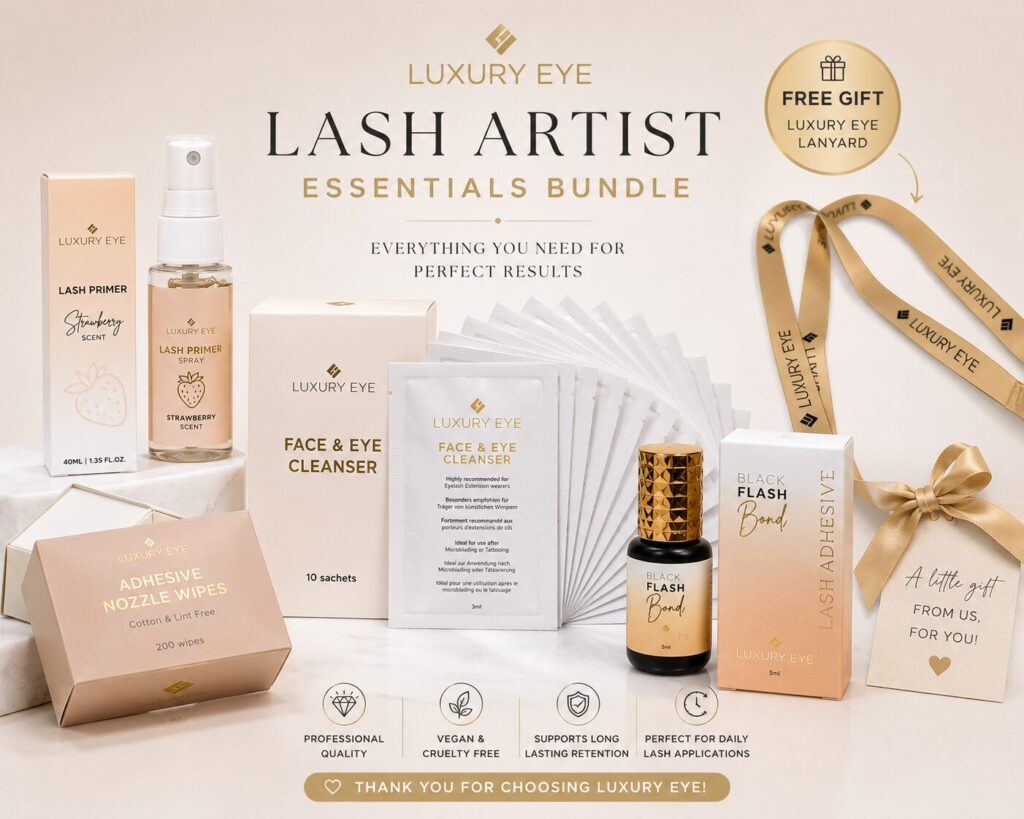 Luxury Eye Lash Retention Bundle with Flash Bond Adhesive, Lash Primer, Face & Eye Cleanser Sachets and Glue Wipes