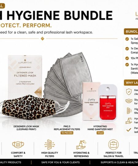 Luxury Eye Lash Hygiene Bundle for professional lash artists with disinfectant spray, reusable face mask, PM2.5 filters and hand sanitizer mist