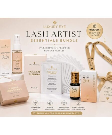 Luxury Eye Lash Artist Essentials Bundle including Flash Bond adhesive, lash primer, face and eye cleanser sachets, adhesive nozzle wipes and free Luxury Eye lanyard.