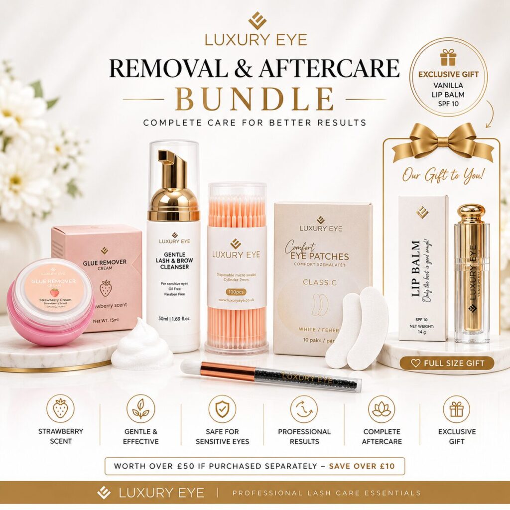 Luxury Eye Removal & Aftercare Bundle including Strawberry Cream Glue Remover, Gentle Lash & Brow Foam Cleanser, Disposable Micro Swabs, Comfort Eye Patches and FREE Vanilla Lip Balm for professional eyelash extension removal and aftercare.