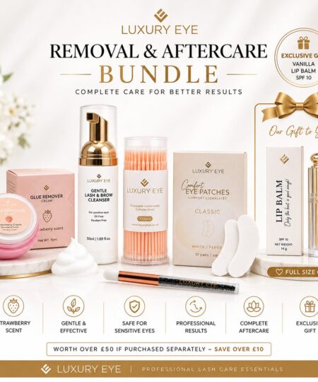 Luxury Eye Removal & Aftercare Bundle including Strawberry Cream Glue Remover, Gentle Lash & Brow Foam Cleanser, Disposable Micro Swabs, Comfort Eye Patches and FREE Vanilla Lip Balm for professional eyelash extension removal and aftercare.