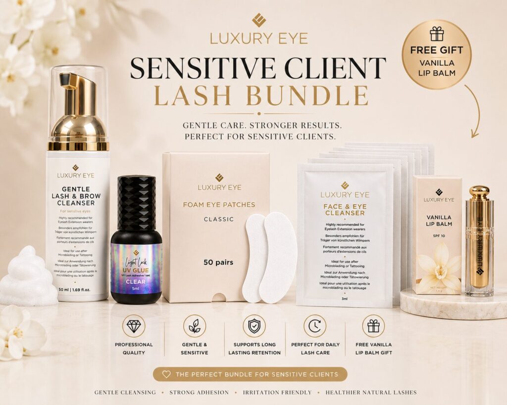 Luxury Eye Sensitive Client Lash Bundle with TPO-Free Light Lock Clear UV LED Adhesive, Gentle Lash & Brow Cleanser, Foam Eye Patches, Face & Eye Cleanser Sachets and free Vanilla Lip Balm.